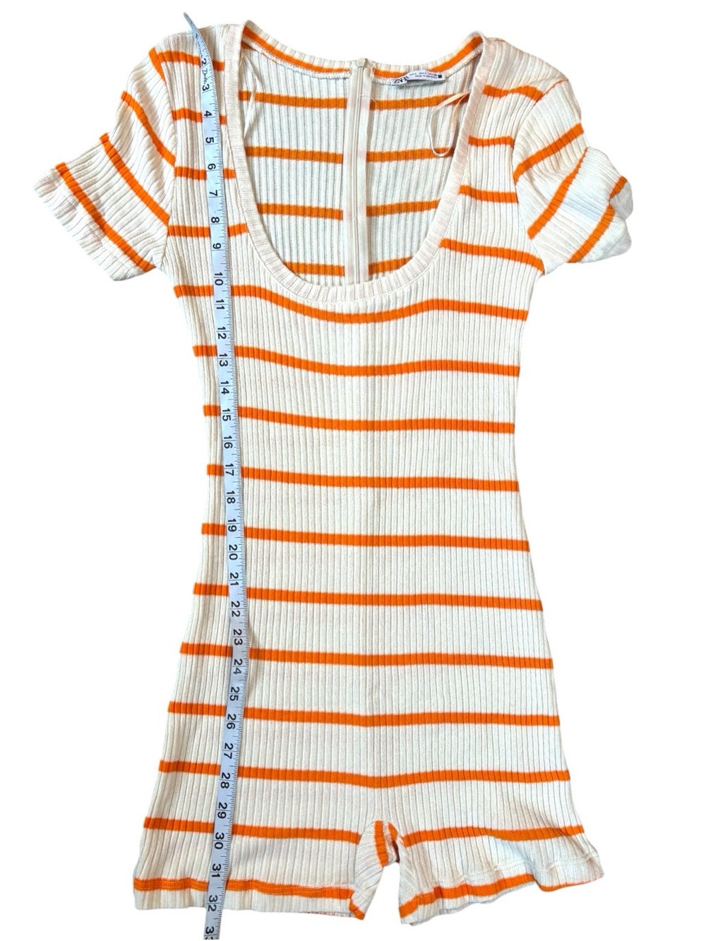 Zara Ribbed Orange Stripe Knit Romper Scoop Neck Ruffle Trim Fitted Size Large - Picture 8 of 12